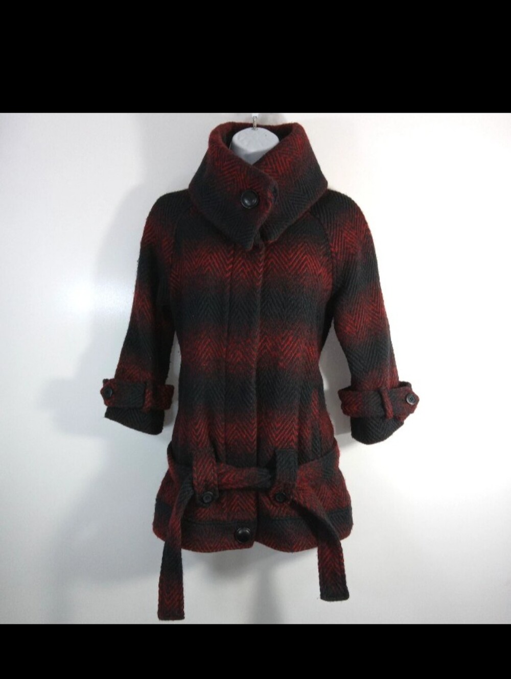 BB Dakota Red and Black Cowl Collar Belted Sweater Coat